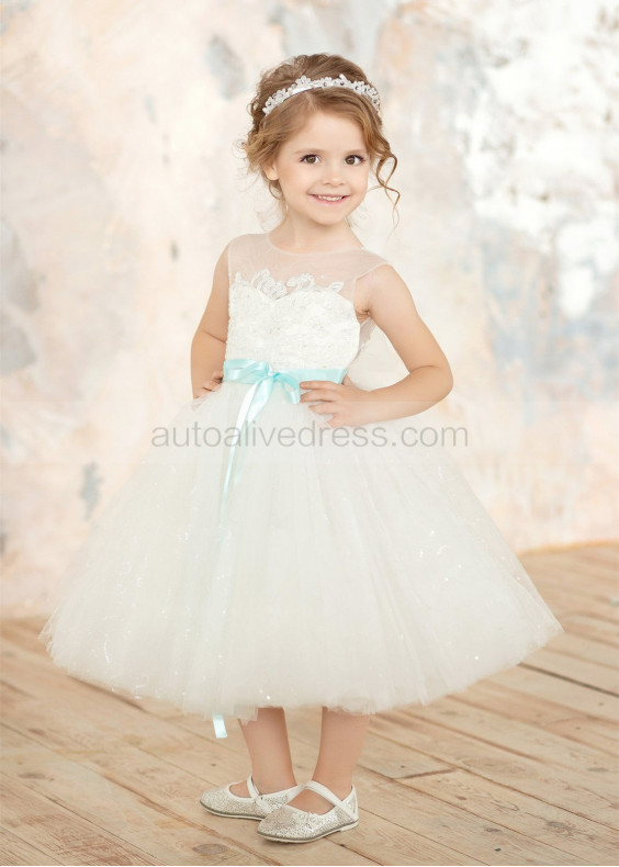 Ivory Lace Tulle Flower Girl Dress With Mint Sash